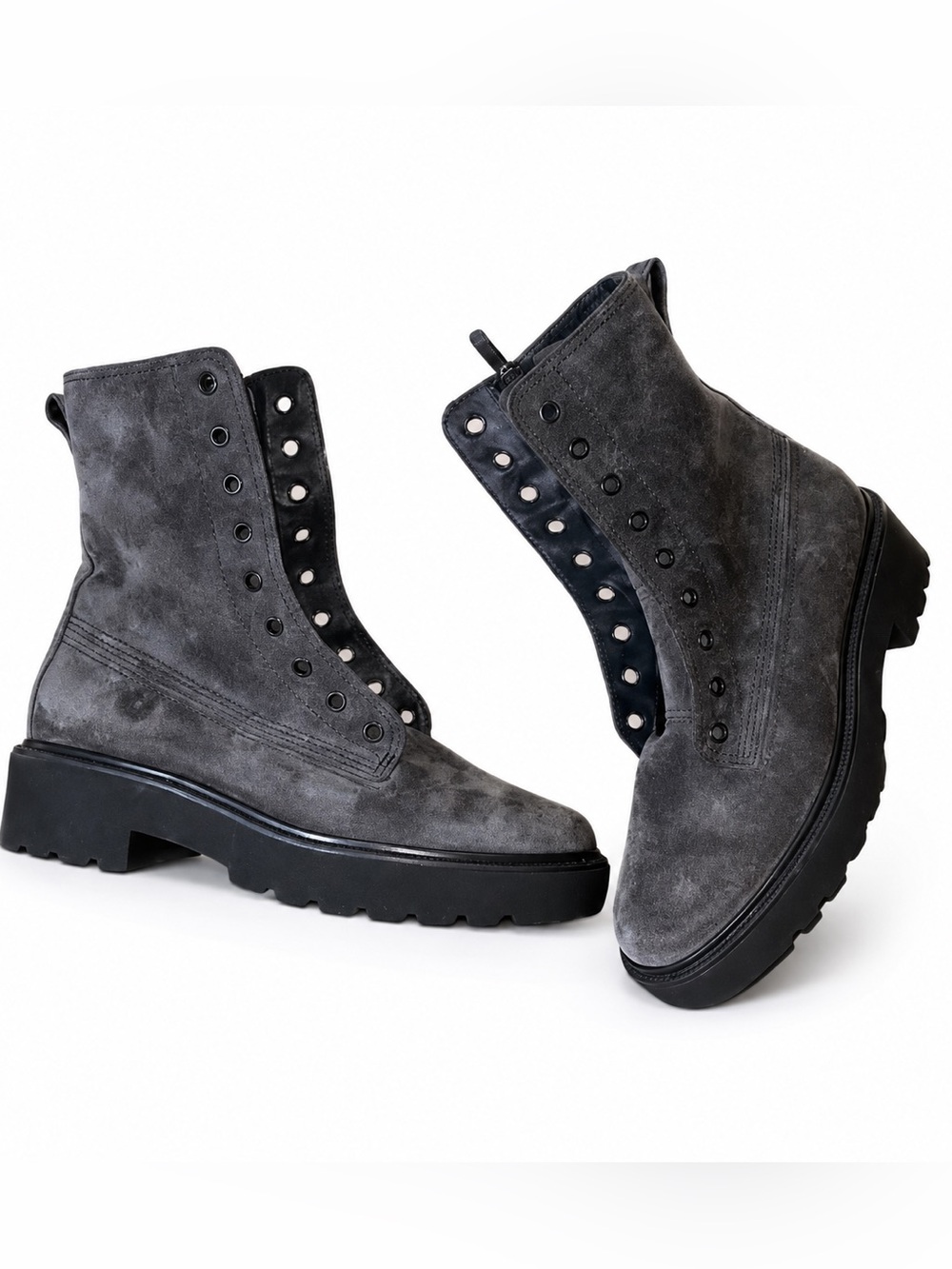 Paul Green Charcoal Gray Suede Leather Combat Ankle Boots | Size 3.5